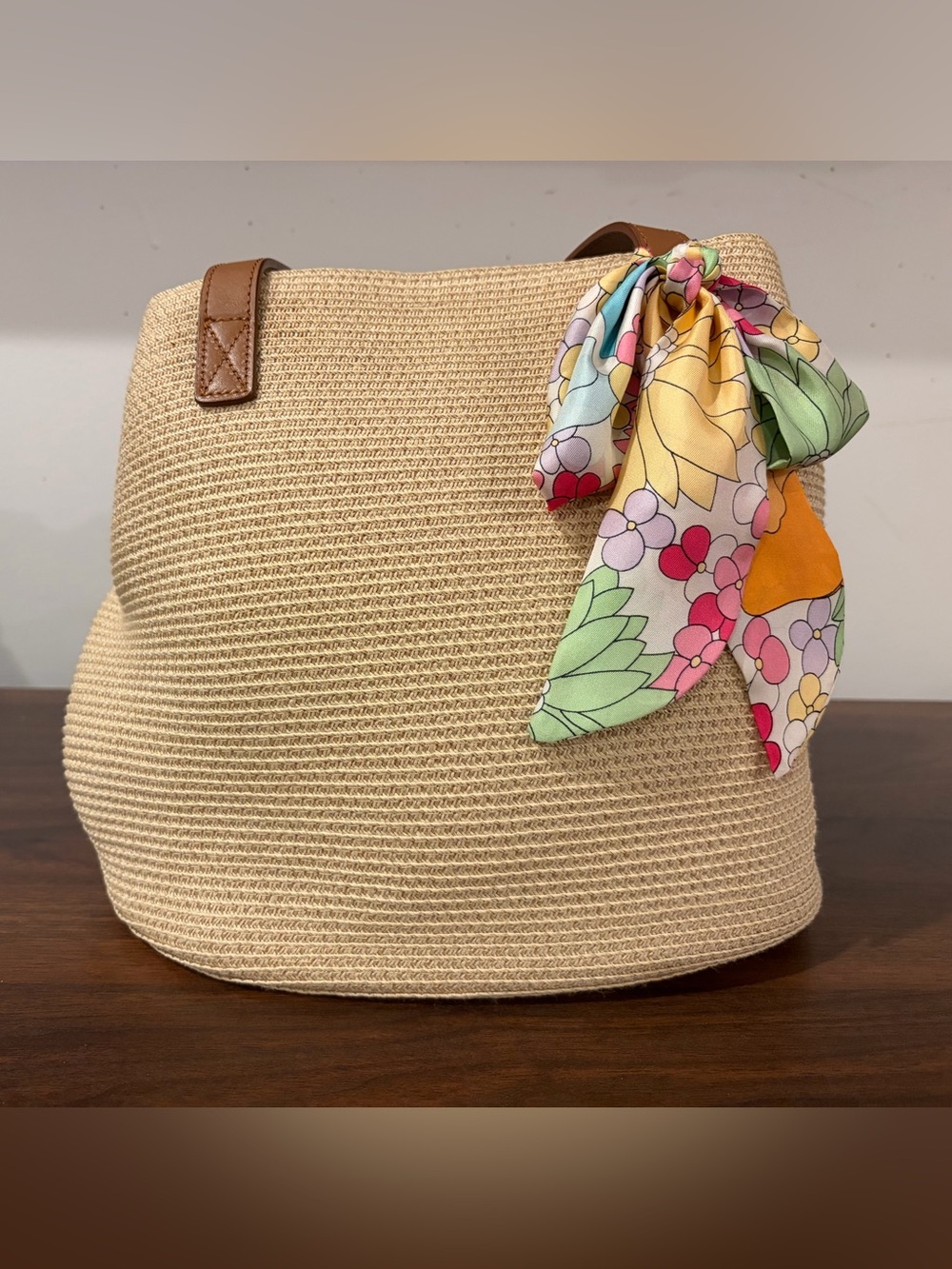 Talbots Cream Straw Tote with Multicolor Floral Scarf
